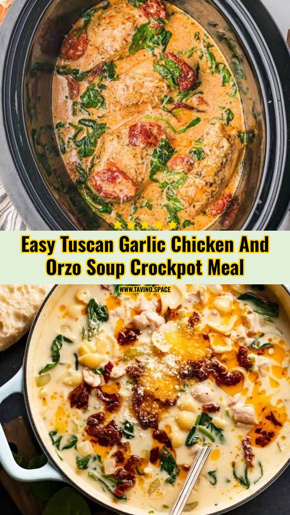 Cozy Creamy Crockpot Tuscan Garlic Chicken Orzo Soup