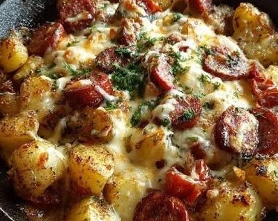 Easy One Pan Cheesy Garlic Butter Sausage and Potatoes top view