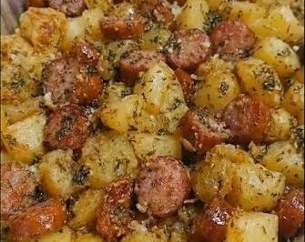 Easy One Pan Cheesy Garlic Butter Sausage and Potatoes suggested serving