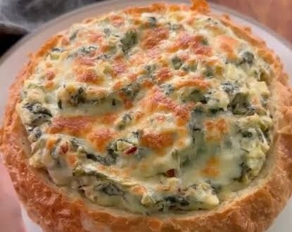 Ultimate Game Day Spinach Artichoke Dip Bread Bowl top view