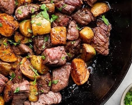 Viral Garlic Butter Steak Bites and Crispy Potatoes top view